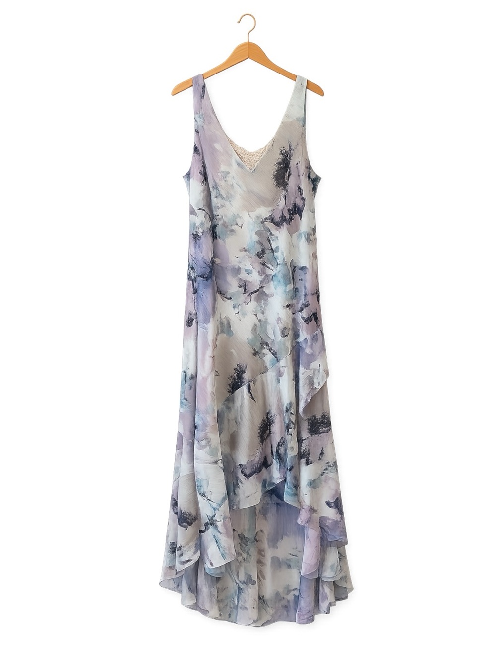 Vintage Watercolor Pastel Floral High Low Elegant Dress Blue Gray Size 14 USA